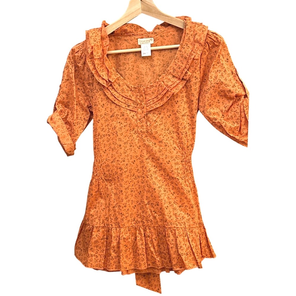 Y2K Sam & Max Orange Romantic Floral Ruffle Blouse Cottagecore Coquette Prairie